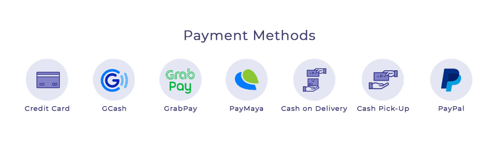 Payment Methods e W e F p Credit Card Gcash GrabPay PayMaya Cash on Delivery Cash Pick-Up PayPal 